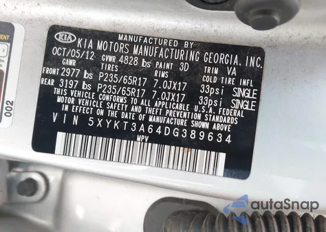 2013 Kia Sorento Lx z USA, uszkodzony, nr VIN 5XYKT3A64DG389634
